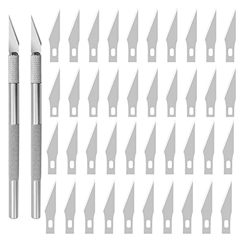 Skalpell Set YUTOU Bastelmesser mit 2stk Griffen und 40stk Ersatzklingen Edelstahl Hobbymesser Präzisionsmesser Bastelmesser Skalpell Set für Gravur und Herstellung von Kunstwerken(Silber) von YUTOU