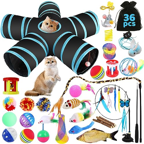 YUTUY Katzenspielzeug Set mit 5-Wege Katzentunnel, Katzenspielzeug mit Katzentunnel, Katzen Spielzeug Set, Federspielzeug, Spielzeugmäuse Katzen, Fisch von YUTUY