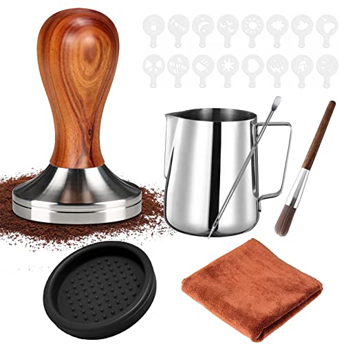 YUTUY Kaffee Tamper Set 51mm,Espresso Tamper Set,Tampermatte und Milchkännchen (350ml),inkl Tampermatte,Reinigungstuch, 16* Kaffee Schablonen,Latte Art Stift und Dekoschablonen von YUTUY