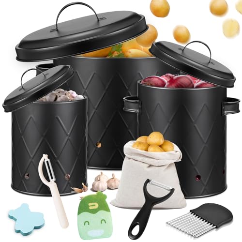 YUTUY Kartoffel Aufbewahrungsbox [3er Set],Zwiebeltopf und Knoblauchtopf Belüftet Vorratsbehälter Set,Großer Vorratsbehälter aus Metall,Kartoffel Vorratsdosen Set (Schwarz-Set) von YUTUY