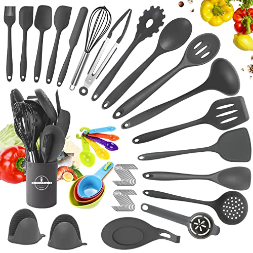 YUTUY Küchenhelfer Set,49pcs Küchenutensilien Set,Kochutensilien mit 20 Haken,9 Messlöffel Silikon Kochgeschirr Set,Antihaft Kochset Küchenutensilien,Küchenset Spülmaschinenfest-Dunkelgrau von YUTUY