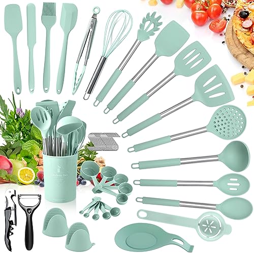 YUTUY Küchenhelfer Set,Silikon Küchenutensilien Set,Silikon Kochbesteck Set mit hochwertigen Edelstahlgriffen zum Kochen und Backen,Antihaft Hitzebeständiger Kochutensilien Kochbesteck Set von YUTUY