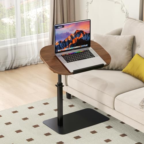 Massivholz Beistelltische c Form Höhenverstellbar, Metallbasis Couchtisch 360° Rotierend Klein Beistelltisch, Holz Couch Laptop Beistelltische, Wohnzimmer Sofatisch , Sofa Bett Tisch (Nussbaum) von YUTVCZO
