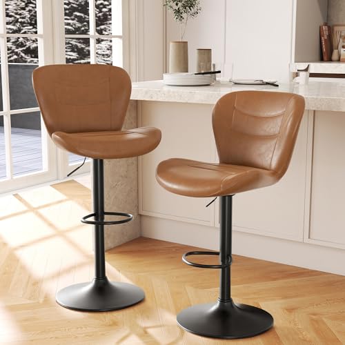 YUUIJOAA Barhocker 2er Set, Barhocker Höhenverstellbar Drehbar，BarHocker mit Lehneund Fußstütze, 360°Drehbar Küchenstühle Bar Stool, PU-Kunstleder, Barstuhl für die Küche (Braun, 2 PCS) von YUUIJOAA