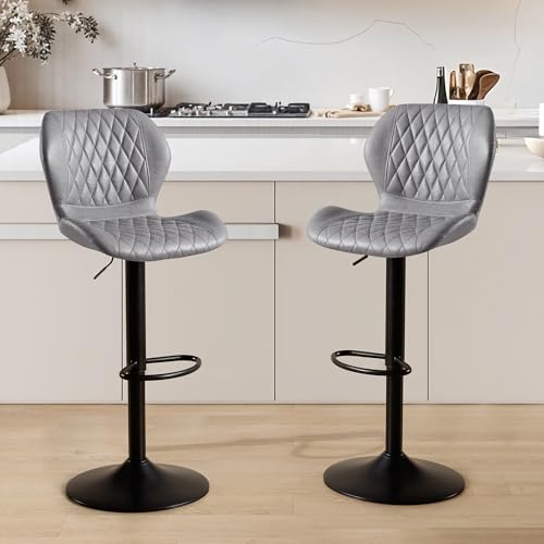 YUUIJOAA Barhocker 2er Set,Bar Stühle mit Lehne, 360°Drehstuhl Küchenstuhl, Höhenverstellbar, PU-Kunstleder, für Esszimmer Heimbar Kücheninsel(Grau, 2 PCS) von YUUIJOAA