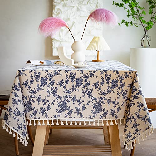 YUURAINVUVU Französische Vintage Blaue Rose Floral Baumwolle Leinen Stoff Nähte Quaste Rechteckige Tischdecke für Küche,Esszimmer,Tischplatte,Dekoration,Teeparty,Hochzeiten,Bauernhaus (139x178 cm) von YUURAINVUVU