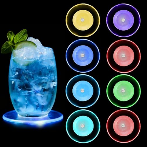 8 Stück LED Untersetzer,Bunt LED Untersetzer mit 7 Lichtmodi,acryl Rund wasserdichtes Leuchtuntersetzer,Getränke Untersetzer ON/Off Taste Getränke für Gläser Flaschen Partys Hochzeiten Bar Weihnachten von YUWJOOWEE