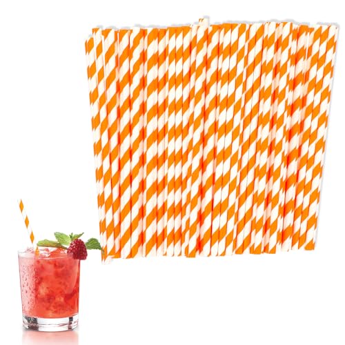 YUXMU 100 Stück Orange Weiß Gestreifte Papier Trinkhalme, 19,7 x 0,6cm Streifen Papierstrohhalme Biologisch Abbaubar Strohhalme Papier für Cocktail Kaffee Getränke Partys Bars Restaurants(Orange) von YUXMU