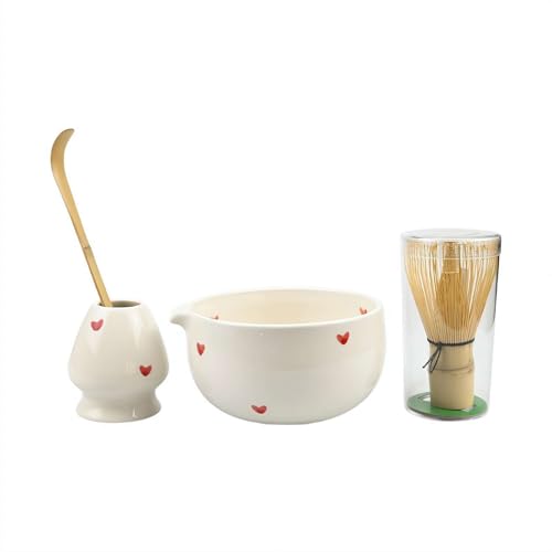 YUYQAQ Matcha-Schneebesen-Set, Herz-Design, Keramik-Matcha-Set beinhaltet 425 ml Matcha-Schüssel, Matcha-Schneebesen, Bambusschaufel, Keramikhalter, 4-teiliges Matcha-Set für Matcha-Liebhaber von YUYQAQ