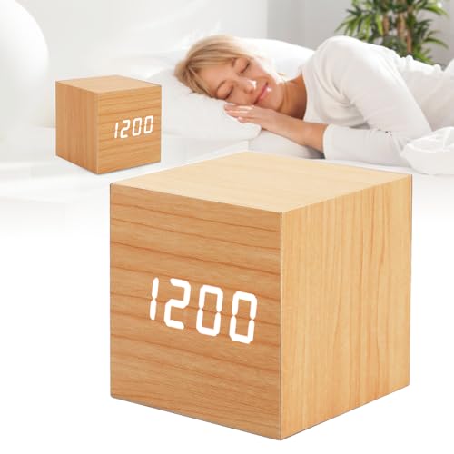 Digitalwecker, mit Elektronischer LED Zeitanzeige aus Holz, Tischuhr, Holzwecker, Sprachaktivierte Würfel Digitaluhr für Schlafzimmer von YUYTE