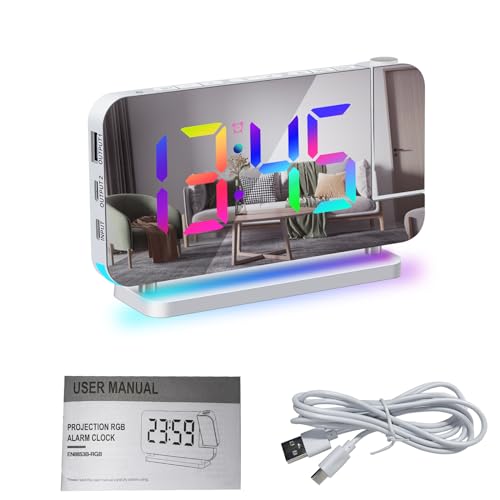 YUYTE Projektionswecker für Schlafzimmer,Projektoruhr, Digitalwecker mit großer 7.4" LED-Anzeige, Digitaler Wecker, Buntes RGB-Großbilddisplay, Projektoruhr mit Dimmer, 180° Projektor (White) von YUYTE