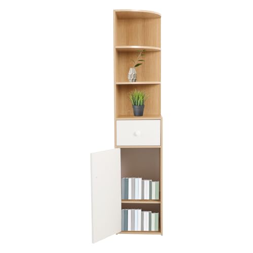 YUYUZI Eckregal mit Tür & Schublade - Bücherregal Ecke 150cm Höhe, Platzsparendes Stehregal mit 3 Böden & Schrankfach, Modern für Wohnzimmer, Schlafzimmer (Eiche Farbe) von YUYUZI