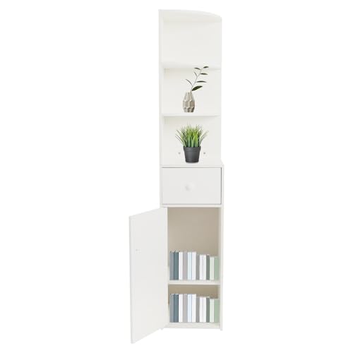 YUYUZI Eckregal mit Tür & Schublade - Bücherregal Ecke 150cm Höhe, Platzsparendes Stehregal mit 3 Böden & Schrankfach, Modern für Wohnzimmer, Schlafzimmer (Weiß) von YUYUZI