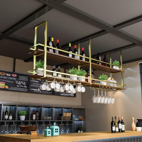 YUZDNM 60-140CM Decke Hängende Flaschenregal - Deckenregal, Weinregal Aus Schmiedeeisen Und Massivholz An Der Decke, Hängendes Lagerregal Zur LOFT-Montage(Gold,100 * 30 * 80CM) von YUZDNM