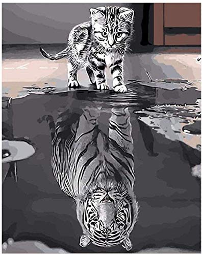 Kreuzstichset Für Erwachsene Katze im Spiegelbild 16x20 inch für Anfänger 11CT vorgedruckt Stickbild Stickvorlage Geeignet für Wohn- und Schlafzimmerdekoration von YUZENGSMao