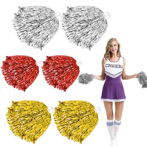 YUZHEDM 6 Stück Cheerleader Pompons, Enthält Gold, Silber und Rot, Pompoms Cheerleading, Pom Poms Cheerleading, Geeignet für Wettbewerbe, Theateraufführungen, Geburtstagsfeiern, Festivals von YUZHEDM