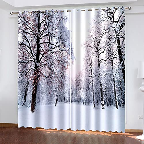 Thermovorhang Mit Ösen Schlaufen 3D Schneeweiße Bäume Im Winter Muster Verdunkelungsvorhang Kinderzimmer Mädchen Junge Schlafzimmer Gardinen 234X230Cm Modern Vorhang Blickdicht 2Er Set von YUZONG