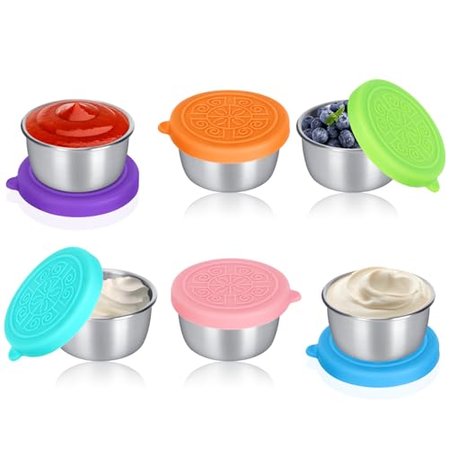 YVCVQKUC 6er-Pack Salatdressingbehälter mit Deckel, Salatgläser aus Edelstahl, 50-ml-Mini-Dip-Behälter, auslaufsichere Snackboxen, mini dosen mit deckel, salatdressing behälter von YVCVQKUC