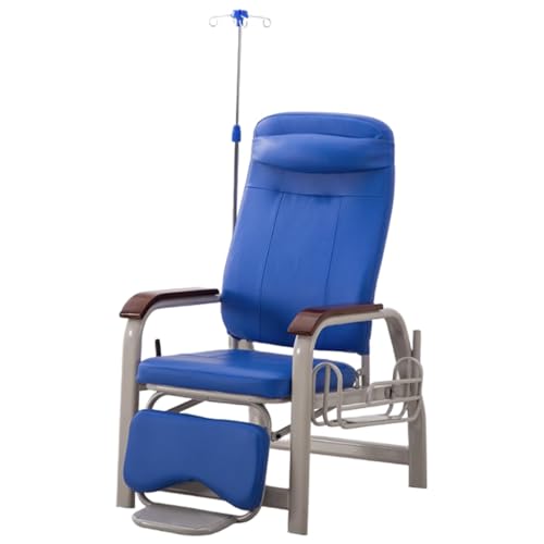 YVYKFZD Blutentnahmestuhl, Leder Liegestuhl, Einzel-infusionsstuhl mit Armlehnen und Infusionsständer, Verstellbarer Wartezimmerstühle Labor-Entnahmestuhl(Blue+Wooden Armrests) von YVYKFZD