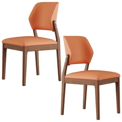 YVYKFZD Esszimmerstühle Set aus Holz, Esszimmerstuhl aus Leder, gepolsterte Küchenstuhl mit gebogener Rückenlehne, Küchenstühle ohne Armlehnen, for Schlafzimmerbüros(Orange+Walnut,2PCS) von YVYKFZD