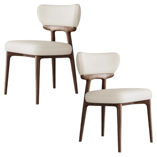 YVYKFZD Esszimmerstühle aus Massivholz, Esszimmerstuhl ohne Armlehnen, Küchenstuhl mit geschwungener Rückenlehne, gepolsterter Küchenstühle aus Leder, für Büros(Off-White+Walnut,2PCS) von YVYKFZD