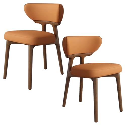 YVYKFZD Esszimmerstühle aus Massivholz, Esszimmerstuhl ohne Armlehnen, Küchenstuhl mit geschwungener Rückenlehne, gepolsterter Küchenstühle aus Leder, für Büros(Orange+Walnut,2PCS) von YVYKFZD