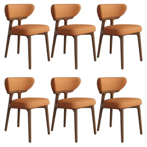 YVYKFZD Esszimmerstühle aus Massivholz, Esszimmerstuhl ohne Armlehnen, Küchenstuhl mit geschwungener Rückenlehne, gepolsterter Küchenstühle aus Leder, für Büros(Orange+Walnut,6PCS) von YVYKFZD