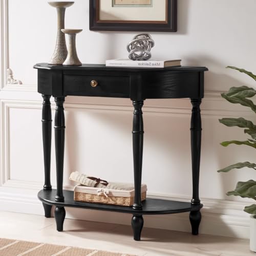 YVYKFZD Konsolentisch aus Massivholz, Halbmond Beistelltisch mit Schublade, Vintage Sofatisch Flurtisch, schmale Eingangstisch Akzenttische, für Eingangsbereich(Nero,L 110cm/43.3") von YVYKFZD
