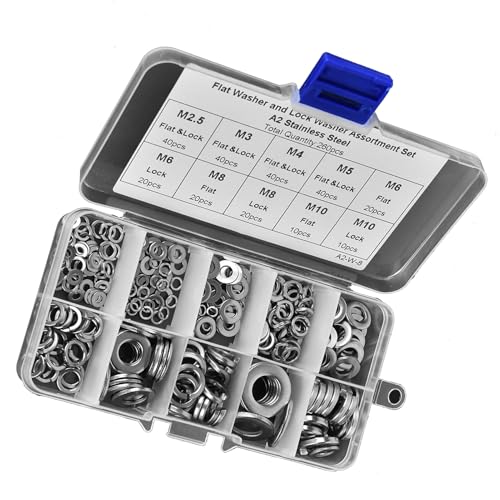 260pcs Edelstahl Unterlegscheibe und Federring Sortiment Sicherungsscheiben Befestigungselemente M2.5 M3 M4 M5 M6 M8 M10, Blinddarm von YWBL-WH