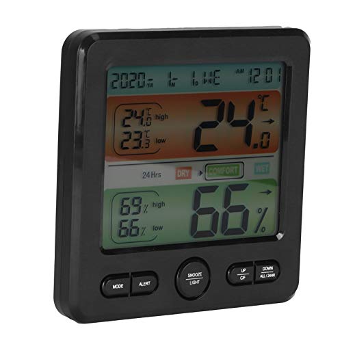 Digitales Hygro-Thermometer, Digitales Thermometer, Hygrometer, Uhr, Farbbildschirm, Temperatur- und Luftfeuchtigkeitsmessgerät, Innenthermometer (BLACK) von YWBL-WH