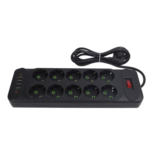 YWBL-WH Vielseitiger Europäischer Puls Strip mit 10 Wechselstrom -Outlets 4 USB 2 Typ -C Ports 2500W Überlastschalter für Schulschlafzimmer TV ABS Weiß 2m Kabel (BLACK) von YWBL-WH