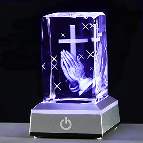YWHL 3D-Kristall-Kreuz-Figur mit buntem Lichtsockel, Lasergravur, betende Hände, religiöse Geschenke für Frauen und Männer, christliche Geschenke für Freunde von YWHL