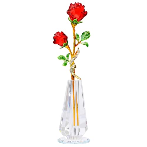 YWHL Handgefertigte rote Rose Blume Kristall Figur mit Vase, Blumenstrauß Glas Blumen Ornament Rose Geschenke für Frau Freundin Frauen, Kristallblume Home Tischdekoration für Valentinstag Jahrestag von YWHL