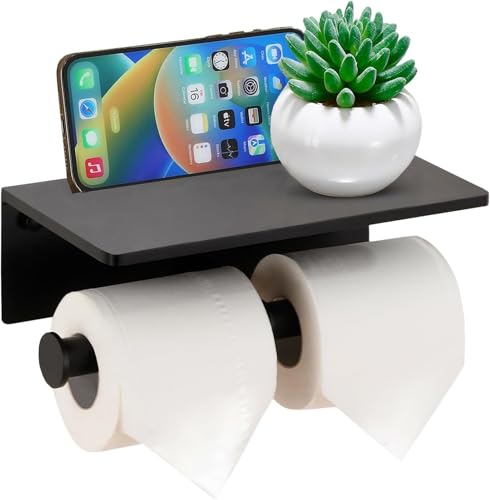 Doppelrollen-Toilettenpapierhalter mit Regal, wandmontierter Edelstahl-Taschentuchspender für das Badezimmer (Schwarz) von YWHWXB