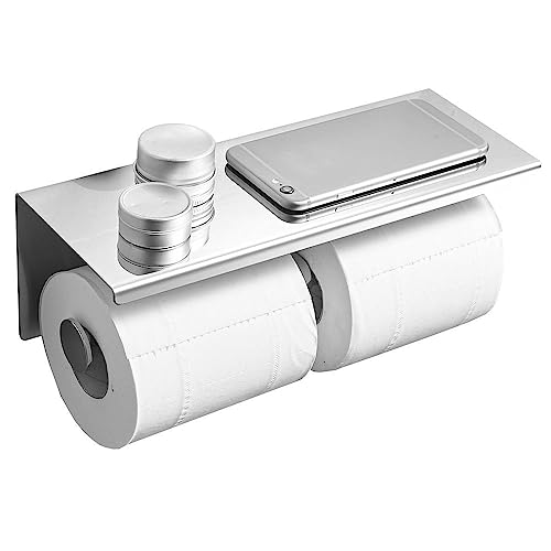 Doppelrollen-Toilettenpapierhalter mit Regal, wandmontierter Edelstahl-Taschentuchspender für das Badezimmer (Silber) von YWHWXB