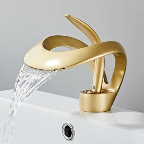 Wasserfall Single Handle Bad Waschbecken Wasserhahn, gebogene Form Elegantes Design Single Hole Lavatory Faucet Basin Mixer Tap (Gebürstetes Gold) von YWHWXB