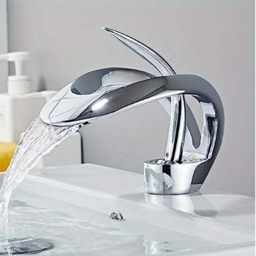 Wasserfall Single Handle Bad Waschbecken Wasserhahn, gebogene Form Elegantes Design Single Hole Lavatory Faucet Basin Mixer Tap (Gebürstetes Silber) von YWHWXB