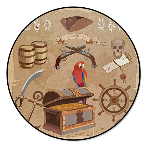 YWJFASHION Retro Farbe Luxus Europäischen Stil 3D Runde Teppich Pirat Papagei Schatz Truhe Runde Teppiche for Wohnzimmer Dekoration (Size : Diameter 100cm) von YWJFASHION