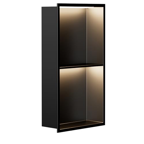 YWJFSA Wandnische Dusche wasserdichte Wandnische Dusche Edelstahl mit Led für Aufbewahrung Toilettenartikeln,Schwarz von YWJFSA