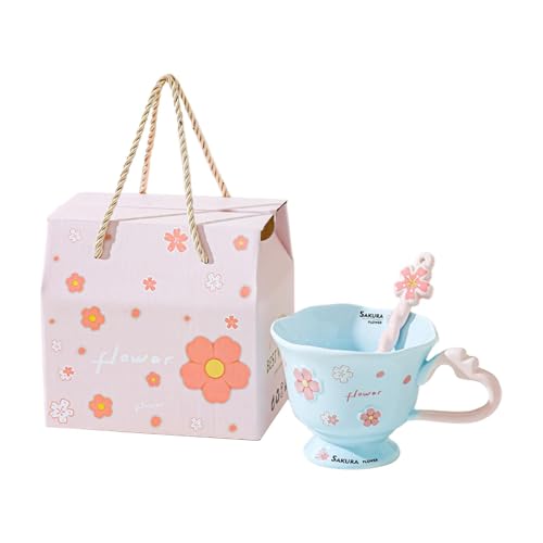 YWJLQH 2 Stücke Blumentasse Teetasse Kaffeepott Trinkgefäß Große Tasse Im Verträumten Blumendekor mit Praktischem Und Löffel Als Geschenk für Freundin, Blau YWJLQH 2 Stücke Blumentasse Teetasse Kaffeepott Trinkgefäß Große Tasse Im Verträumten Blumendekor mit Praktischem Und Löffel Als Geschenk für Freundin, Blau von YWJLQH