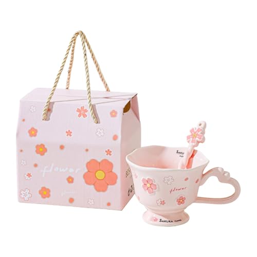 YWJLQH 2 Stücke Blumentasse Teetasse Kaffeepott Trinkgefäß Große Tasse Im Verträumten Blumendekor mit Praktischem Und Löffel Als Geschenk für Freundin, Rosa YWJLQH 2 Stücke Blumentasse Teetasse Kaffeepott Trinkgefäß Große Tasse Im Verträumten Blumendekor mit Praktischem Und Löffel Als Geschenk für Freundin, Rosa von YWJLQH