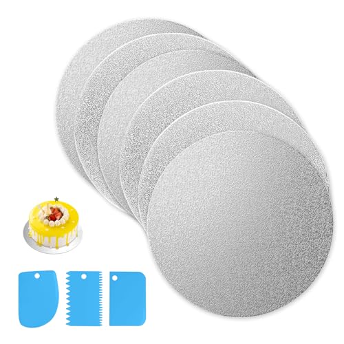 Cakeboard Rund, 6 Stück Tortenunterlage Rund Wiederverwendbar Tortenplatte Pappe Silber Cake Board Tortenunterlage mit 3 Stück Icing Smoother (20CM) von YWKJDDM