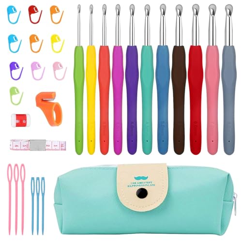YWKJDDM Häkelnadel Set, 37 Stück Bunte Crochet Hook Set, Ergonomische Häkelnadeln Set, Soft Gummi Comfort Grip Häkeln Stricken Nadeln Kit, Haushalt Werkzeug mit Tragbaren Tasche von YWKJDDM