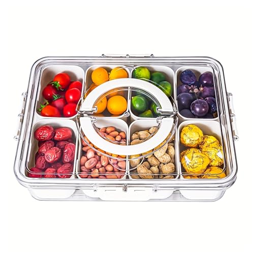YWKJDDM Snackbox Mit FäChern, Snackschale mit Deckel und Griff, Snack Aufbewahrungsbox Snackteller Mit Deckel Tragbare Snackdose für Party Couchbar Familien (28 x 21 x 6,5 cm) von YWKJDDM