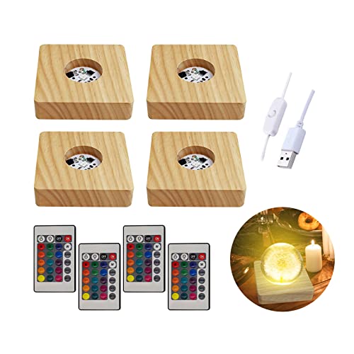 YWNYT 4 x LED-Leuchten mit Fernbedienung, 16 farbige runde/quadratische Holz-beleuchtete Basis für 3D-Kristallglas-Harzkunst (8 cm quadratisch) von YWNYT