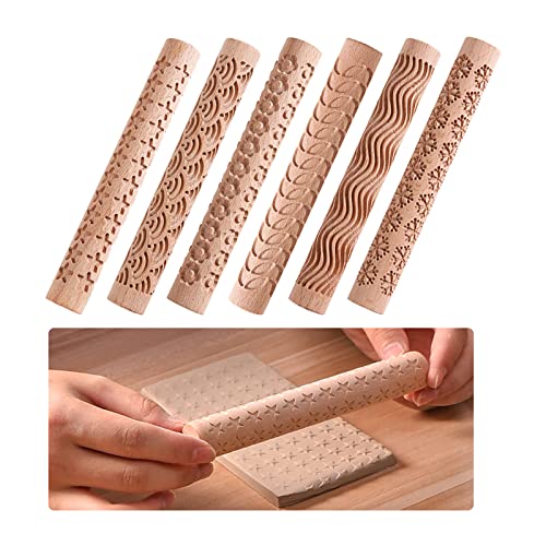 6 x Holz-Tonroller, Modelliermuster-Roller-Set, Töpfereimuster-Roller, Ton-Nudelholz, strukturierter Holzgriff, Keramik, geschnitzte Werkzeuge von YWNYT