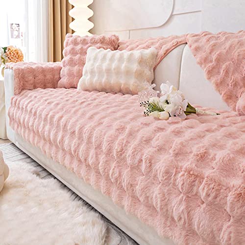 YWQJL Samt Sofaschoner 1 2 3 4 sitzer Sofabezug Kaninchen Plüsch Couch/Sofa Bezüge,Universelle rutschfeste Couch Bezug L-Form Sofaschoner Katze,Waschbar Sofaschutz,pink-90x210cm von YWQJL