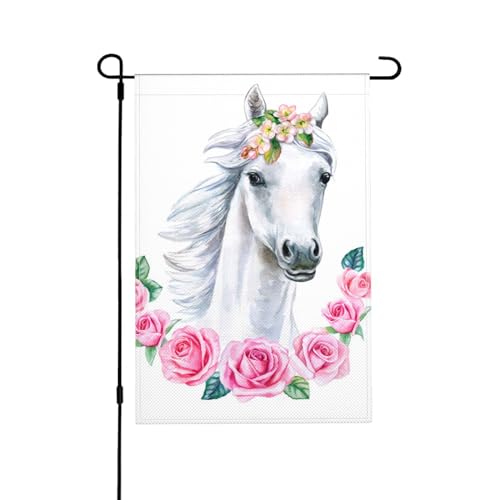 Weißes Pferd mit rosa Blumen, Gartenflagge doppelseitig, dekoratives Hofbanner für den Innen- und Außenbereich, Hofhaus, 30 x 45,5 cm von YWSOTRE