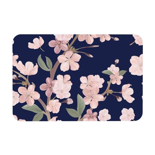YWSOTRE Blumen Kirschblüte Sakura Marineblau,Bodenmatte Kieselgurmatte saugfähig rutschfest Badvorleger 40X60cm von YWSOTRE