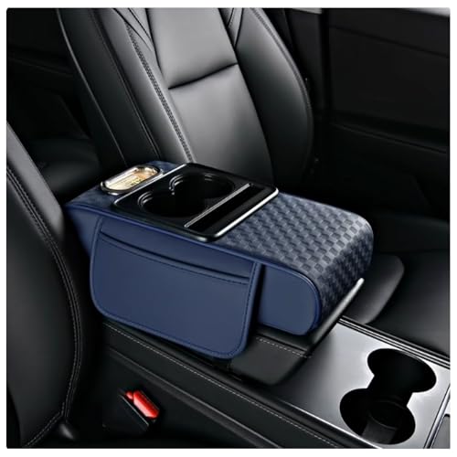 YWUANNMGAZ Auto Armlehnenkissen Aus Leder, Für Ford Transit Custom 2013-2024 2025, Wasserdicht Mit Getränkehalter Und Taschentuchhalter, Auto Armlehnen Auflage, Armlehne Auto Box Pad ﻿(Blue) von YWUANNMGAZ